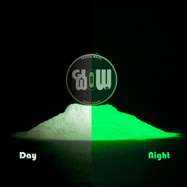 Phosphorescent Clear White to Green pigment powder showing pure white by day and vibrant emerald-green glow at night—perfect for glow-in-the-dark resin art, polymer clay, fabrics, and outdoor mural projects