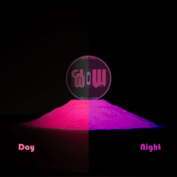 Phosphorescent Neon Pink to Violet pigment powder showing bright pink by day and vivid violet glow at night—engineered for ultra-bright, long-lasting luminescence in resin art, clay, and glow-in-the-dark murals