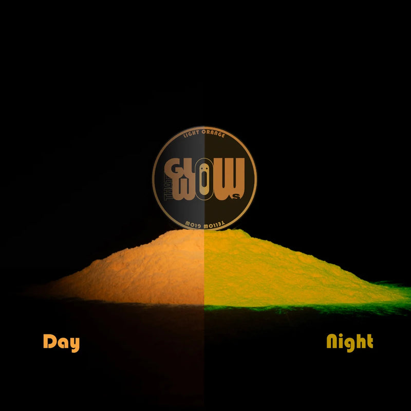 Phosphorescent Light Orange to Yellow pigment powder showing soft orange by day and vivid neon yellow glow at night—engineered for ultra-bright, long-lasting glow in resin, epoxy, and glow-in-the-dark murals, halloween pumpkins