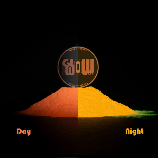 Phosphorescent Orange-to-Tangerine pigment powder showing soft orange by day and blazing tangerine glow in the dark—ideal for resin art, clay models, and glow-in-the-dark murals