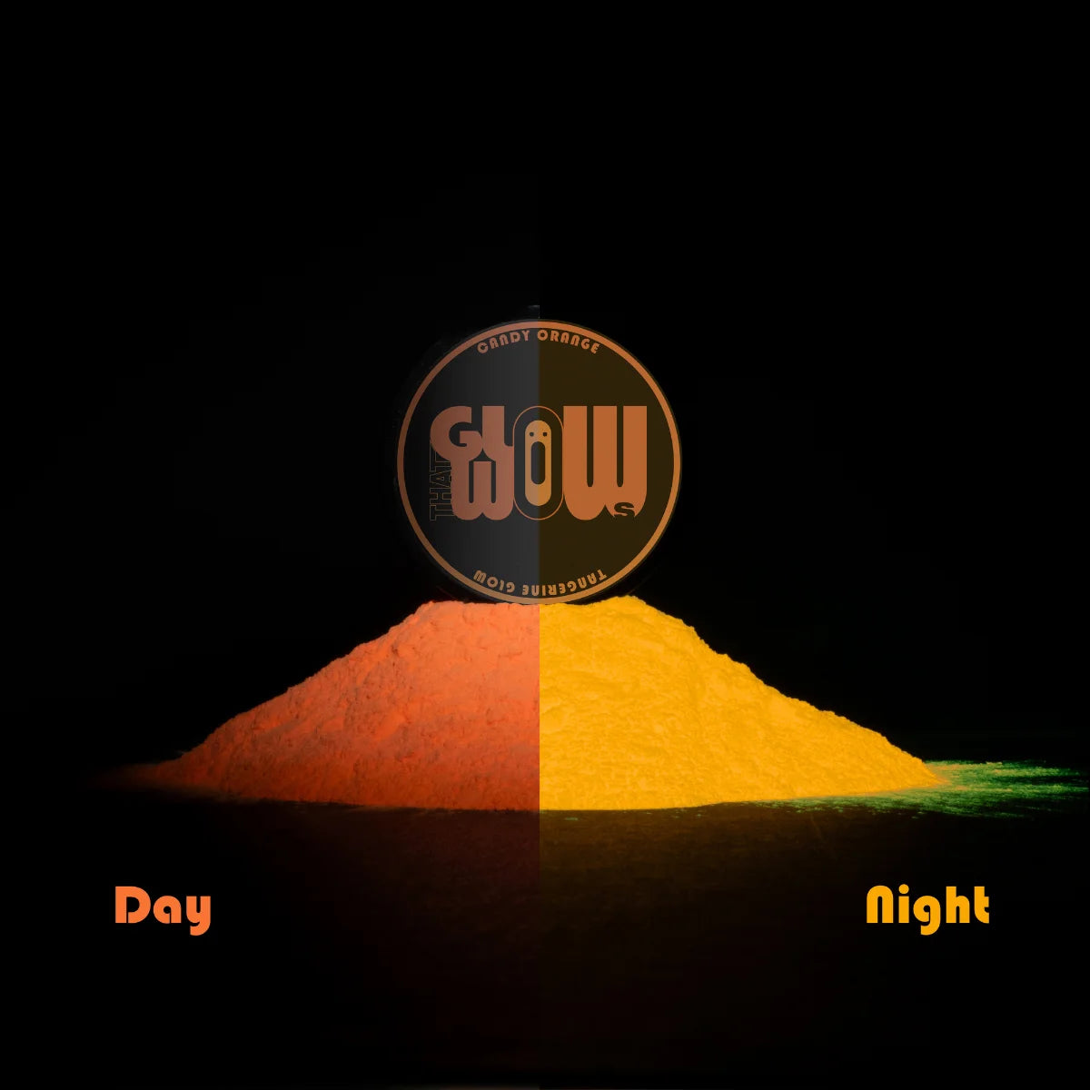 Phosphorescent Orange-to-Tangerine pigment powder showing soft orange by day and blazing tangerine glow in the dark—ideal for resin art, clay models, and glow-in-the-dark murals