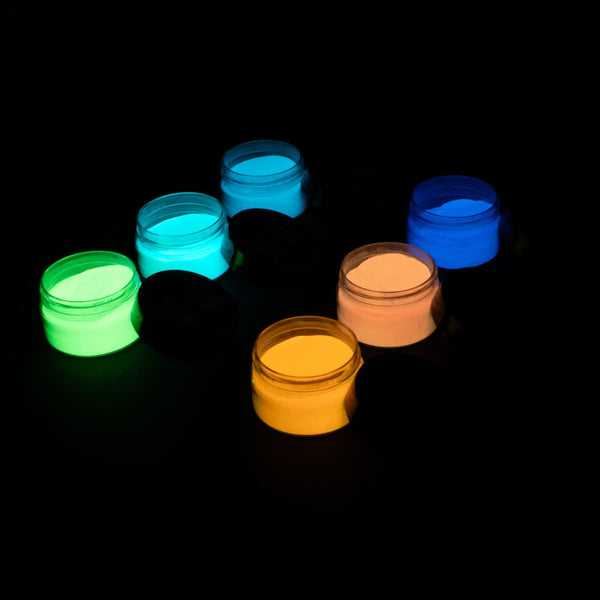 Premium 6-color glow-in-the-dark pigment powder kit with neon green, electric blue, solar yellow, sunset orange, ultraviolet purple, and mint cyan—powered by industrial-grade strontium aluminate for the brightest, long-lasting luminescence in epoxy resin, nail art, and outdoor murals