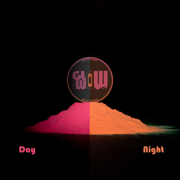 Phosphorescent Pastel Pink to Orange pigment powder showing soft pink by day and warm orange glow in the dark—ideal for resin, clay, nail art, halloween pumpkin and glow-in-the-dark murals
