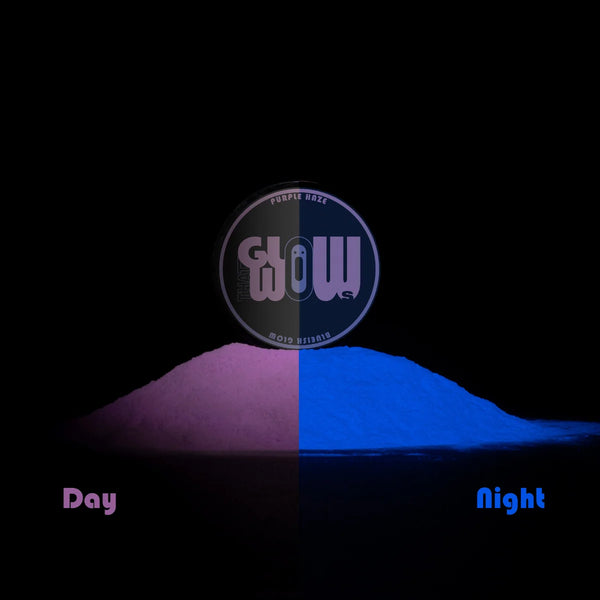 Phosphorescent Purple-to-Blue glow pigment powder showing rich purple by day and vibrant sky-blue glow at night—ideal for high-contrast resin art, clay modeling, and glow-in-the-dark murals
