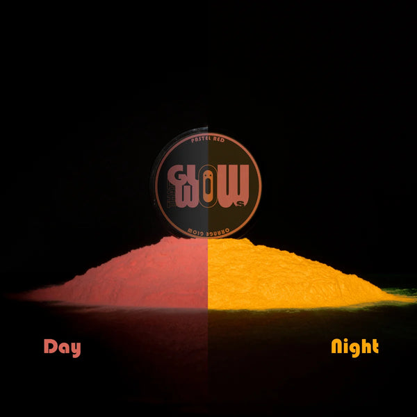 Phosphorescent Red to Orange pigment powder showing soft red by day and blazing orange glow at night—engineered for ultra-bright, long-lasting luminescence in resin art, clay models, and glow-in-the-dark murals