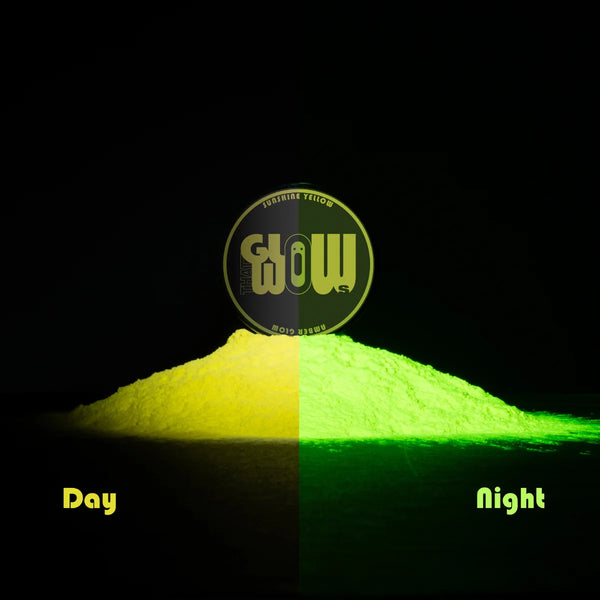 Phosphorescent Yellow to Amber pigment powder—charges quickly and glows warm amber in the dark, ideal for resin, clay, nail art, and glow-in-the-dark murals