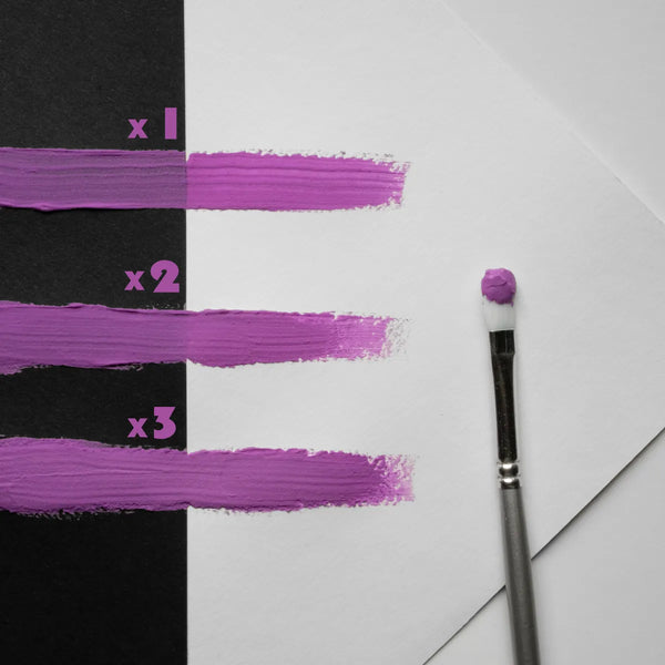 Three swatches of Purple Haze glow paint applied in one, two, and three thin coats under normal light—showcases best-in-class coverage and vibrant, long-lasting color