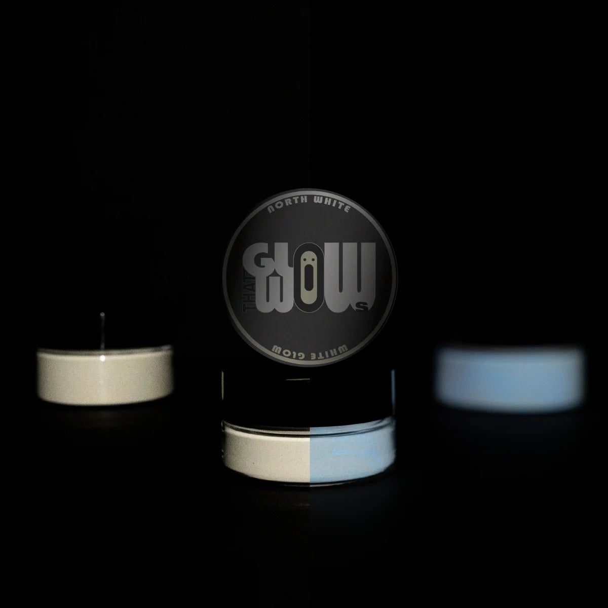 a glow in the dark white pigment powder in jar. made from strontium aluminate for brightness and best results