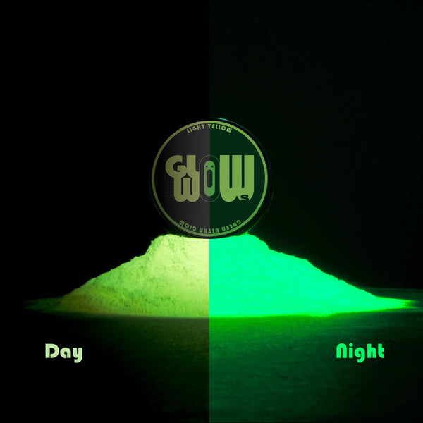 a strontium aluminate pigment in daylight and night light. yellow to green transformation