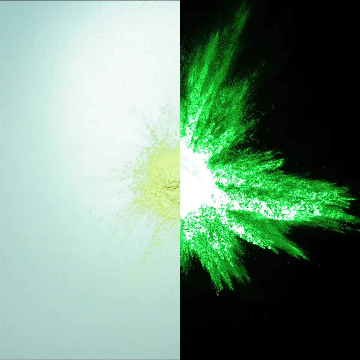 a glow in the dark ultra bright pigment powder on a white cardboard split into two pieces showing day / night 