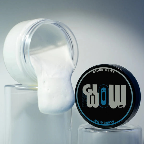 Pouring UV-reactive clear-white to azure glow paint—smooth, non-toxic formula perfect for resin art, polymer clay, and fabric projects with vivid blue-azure after-dark glow