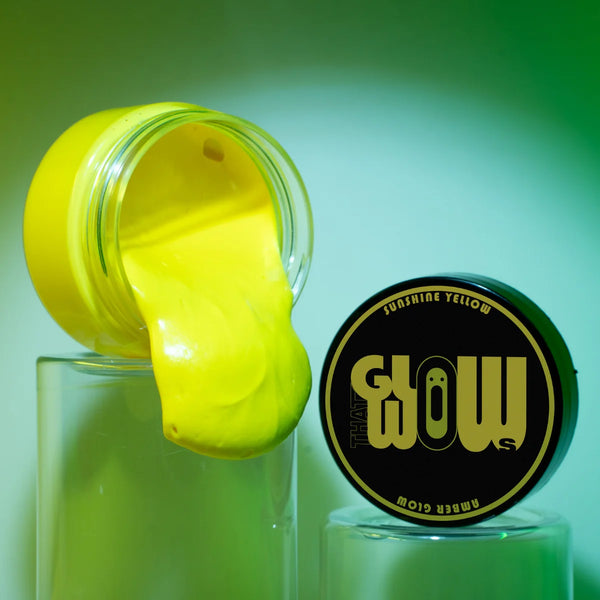 Pouring UV-reactive clear-yellow to neon yellow glow in the dark acrylic paint—non-toxic, weatherproof formula ideal for resin art, polymer clay, and outdoor mural applications with extended after-dark glow