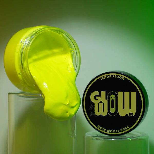 Pouring UV-reactive lemon yellow to neon yellow glow paint—smooth, non-toxic formula ideal for metal, wood, and polymer clay art with ultra-bright after-dark luminescence