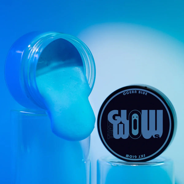 UV-reactive Ocean Blue to Blue glow paint pouring silky-smooth—non-toxic, weatherproof formula ideal for resin art, fabric painting, and party décor with vivid after-dark luminescence