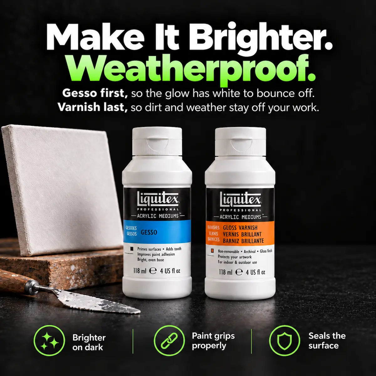two products that help with glow in the dark paint. it's a liquitex white gesso, for the first layer and white base for it to reflect more light through the paint and second product is varnish, that helps to seal the paint for outside & indoor projects.